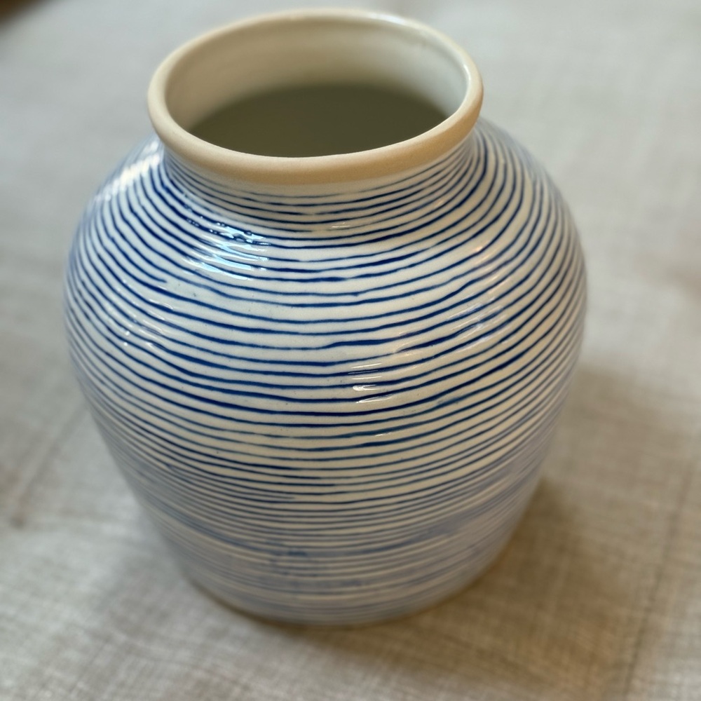 Blue & White Striped Ceramic Vase
